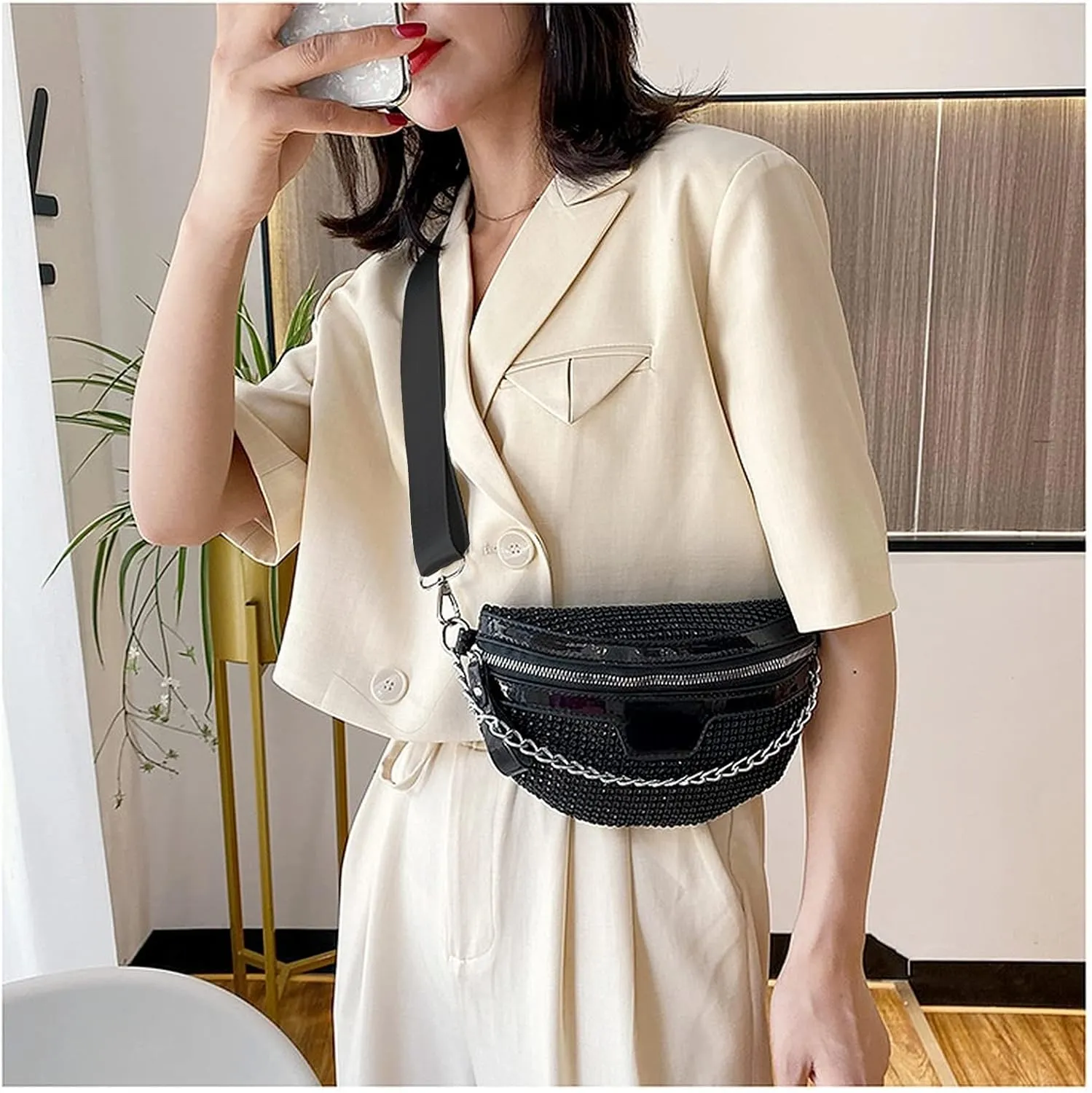 Rhinestone Chest Bag For Women Fanny Packs Belt Bags Crossbody Bags Waist Pouch Purse for Lady Party Outdoor Traveling Beach