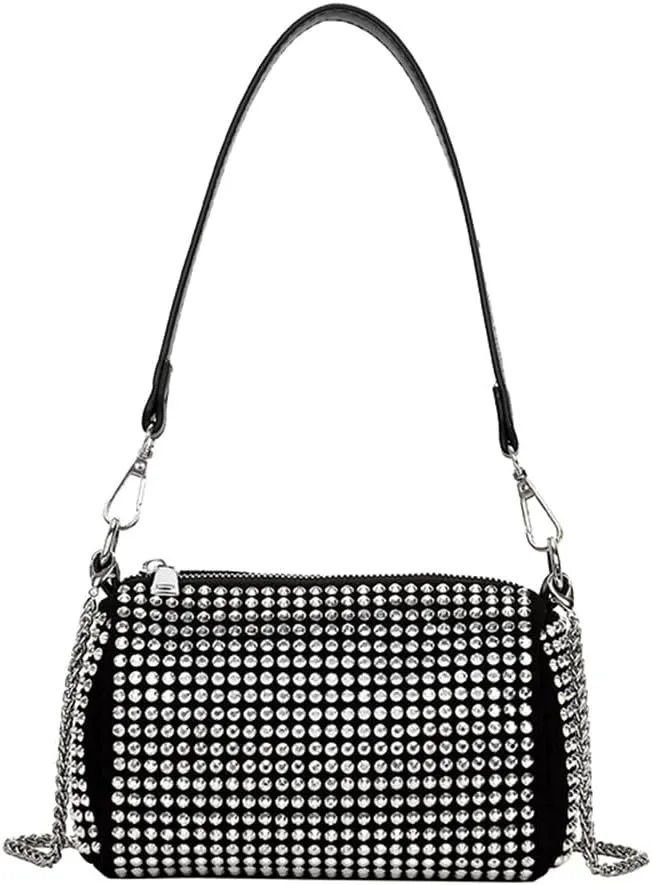 Rhinestone Cylinder Crossbody Bag Sparkling Barrel Purse Mini Tote for Women