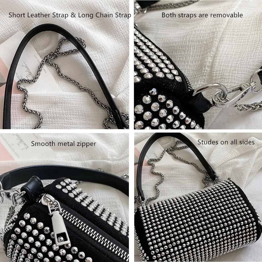 Rhinestone Cylinder Crossbody Bag Sparkling Barrel Purse Mini Tote for Women