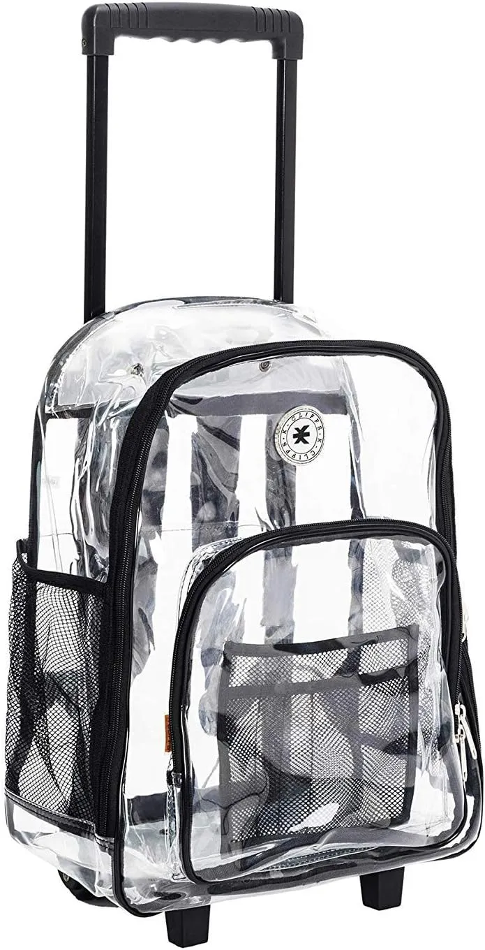 Rolling Clear Backpack Heavy Duty Bookbag Quality See Through Workbag Travel Daypack Transparent School Book Bags with Wheels Black