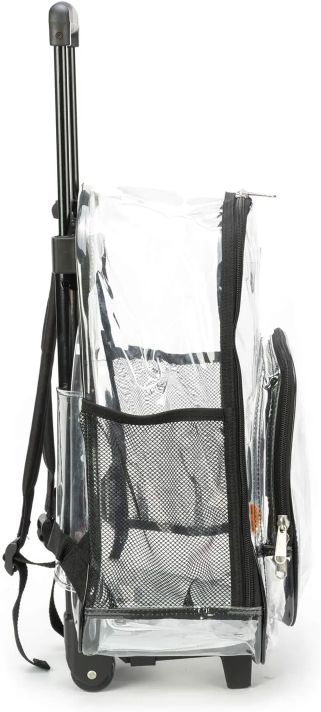 Rolling Clear Backpack Heavy Duty Bookbag Quality See Through Workbag Travel Daypack Transparent School Book Bags with Wheels Black