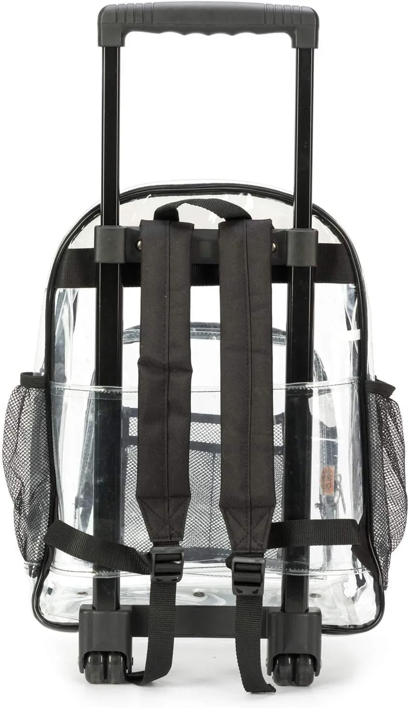 Rolling Clear Backpack Heavy Duty Bookbag Quality See Through Workbag Travel Daypack Transparent School Book Bags with Wheels Black