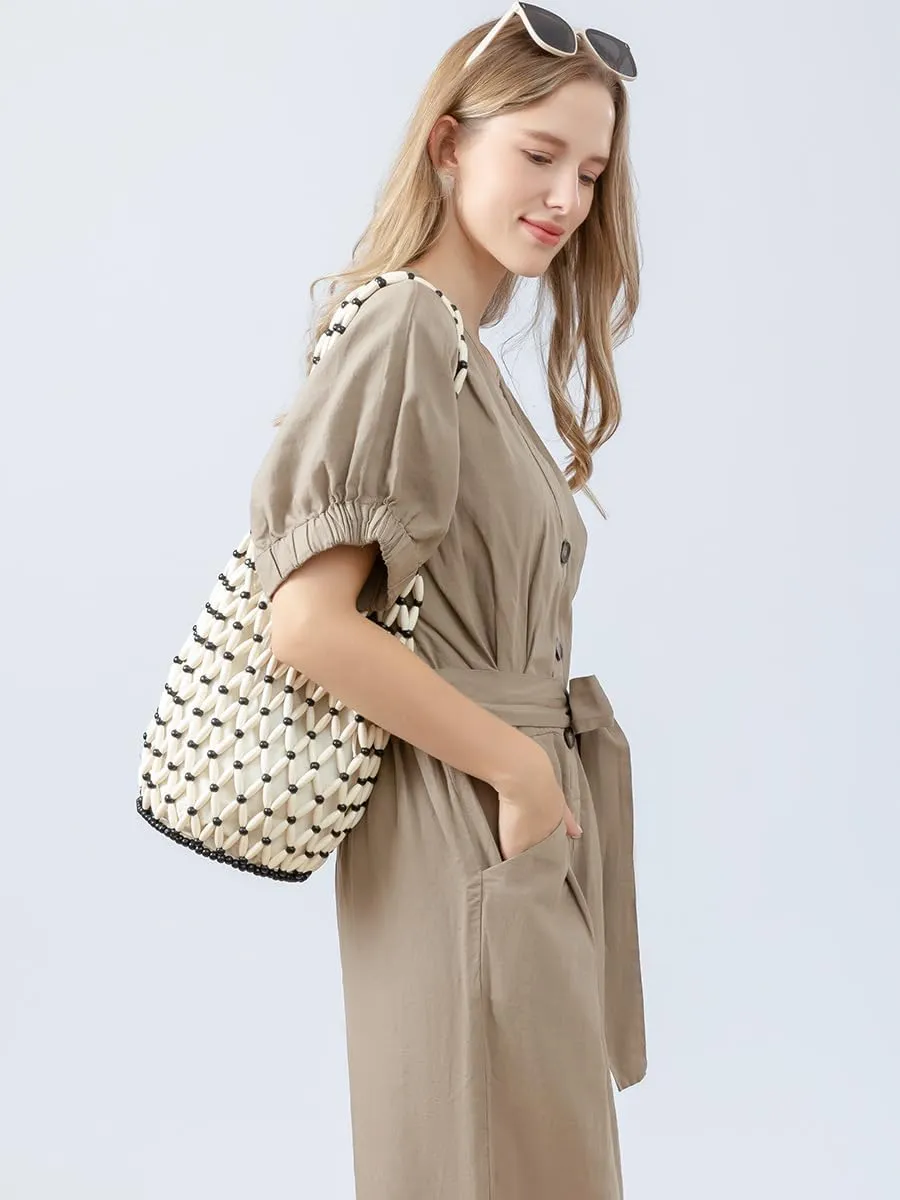 RomanticDesign Women Retro Wooden Handbag Woven Bead Tote Bag Hollow Out Beach Casual Bucket Purse