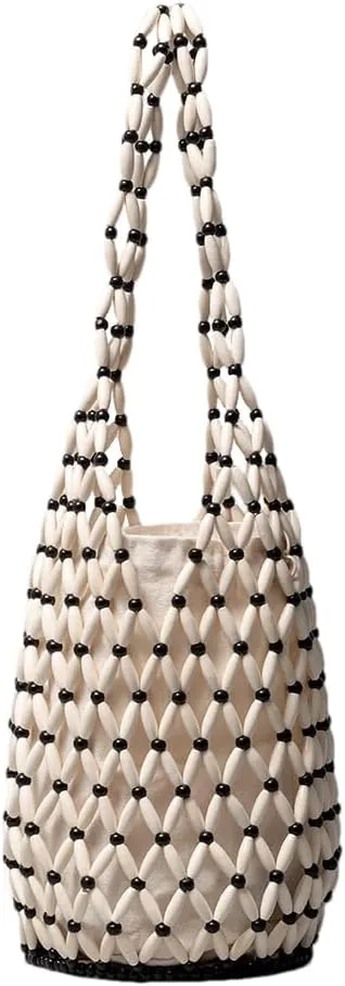 RomanticDesign Women Retro Wooden Handbag Woven Bead Tote Bag Hollow Out Beach Casual Bucket Purse