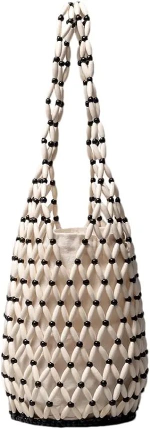 RomanticDesign Women Retro Wooden Handbag Woven Bead Tote Bag Hollow Out Beach Casual Bucket Purse