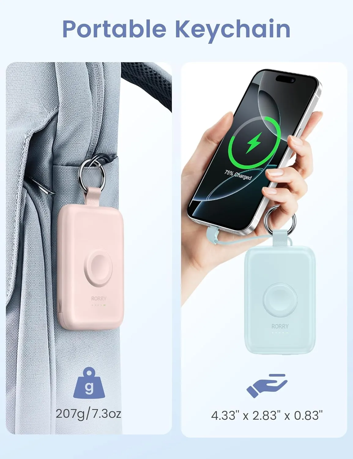 RORRY Portable Charger, 10000mAh PD 20W Fast Charging Portable Charger Power Bank with Built in Cables, Travel Battery Pack for iPhone 16/15/14/13/12 and Apple Watch Ultra/9/8/7/6/5/4/3/2, White
