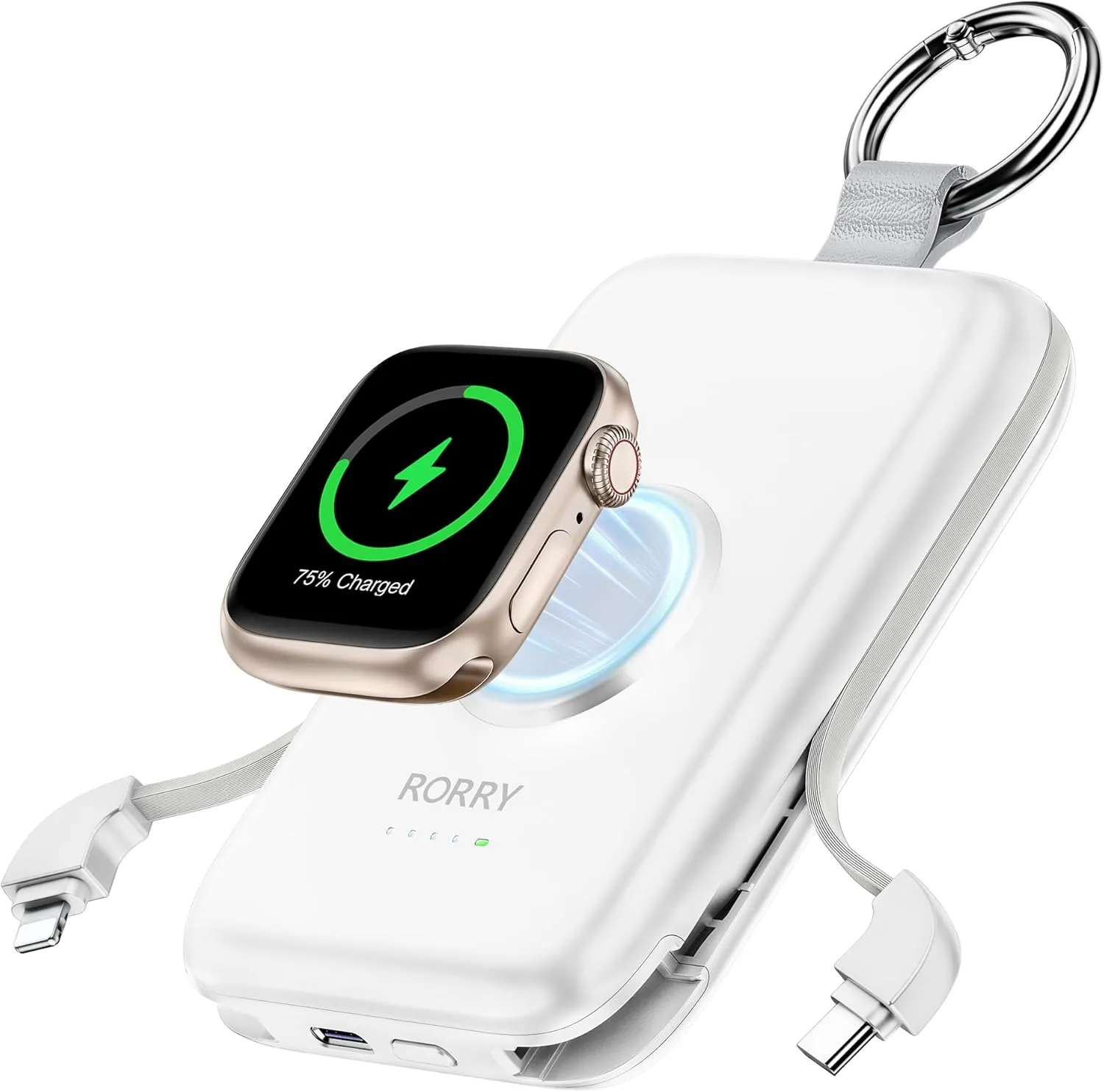 RORRY Portable Charger, 10000mAh PD 20W Fast Charging Portable Charger Power Bank with Built in Cables, Travel Battery Pack for iPhone 16/15/14/13/12 and Apple Watch Ultra/9/8/7/6/5/4/3/2, White
