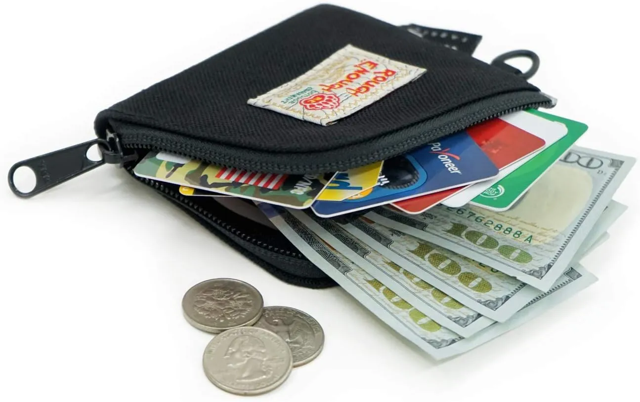 Rough Enough Small Coin Purse Card Wallet Pouch with Zipper Neck Lanyard Keychain for Men Women Teen Boys Black Cordura