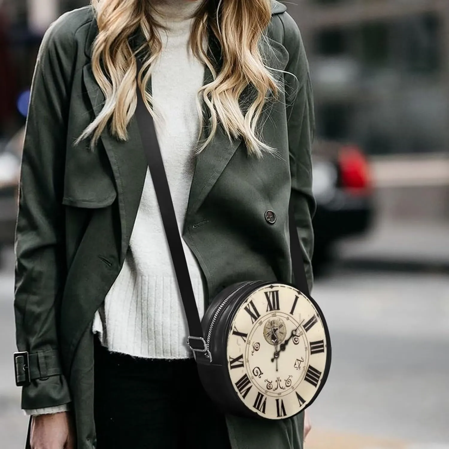 Round Crossbody Bags for Women, Leather Circle Purse Zipper Small Shoulder Bag with Adjustable Straps