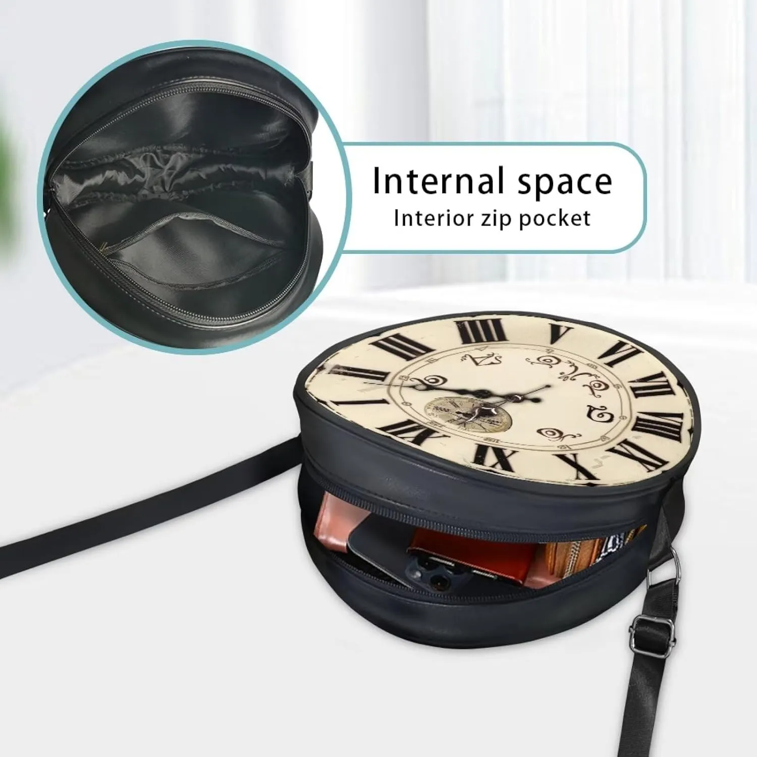 Round Crossbody Bags for Women, Leather Circle Purse Zipper Small Shoulder Bag with Adjustable Straps