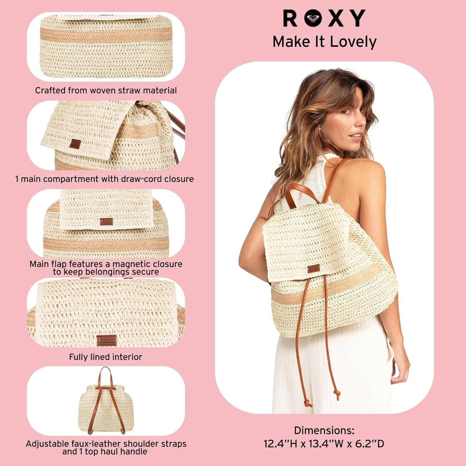 Roxy Women's Stylish Durable Woven Straw Backpack with Adjustable Straps, Make It Lovely-Natural, One Size