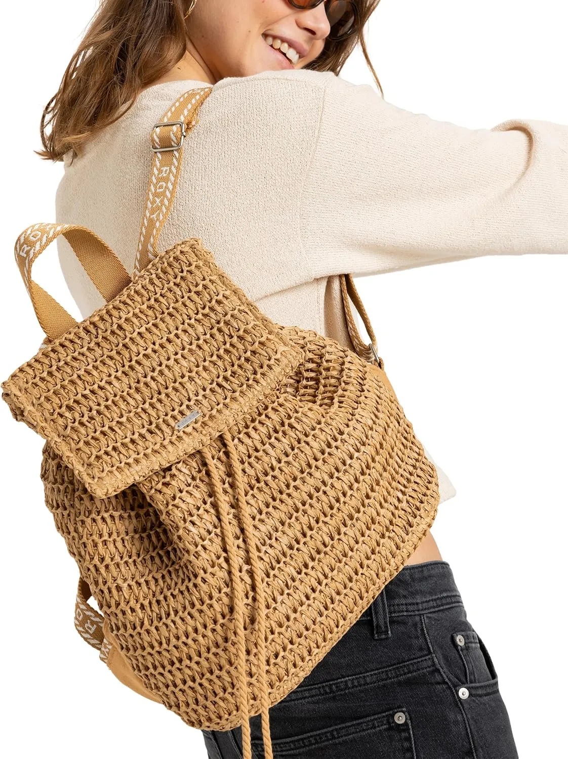 Roxy Women's Stylish Durable Woven Straw Backpack with Adjustable Straps, Spotless Sunnies-Natural, One Size