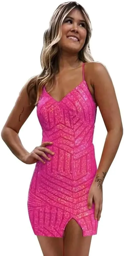 RSOETOO Women's Sequin Homecoming Dress Short Sparkly Glitter Homecoming Dresses with Slit for Teens RO057B