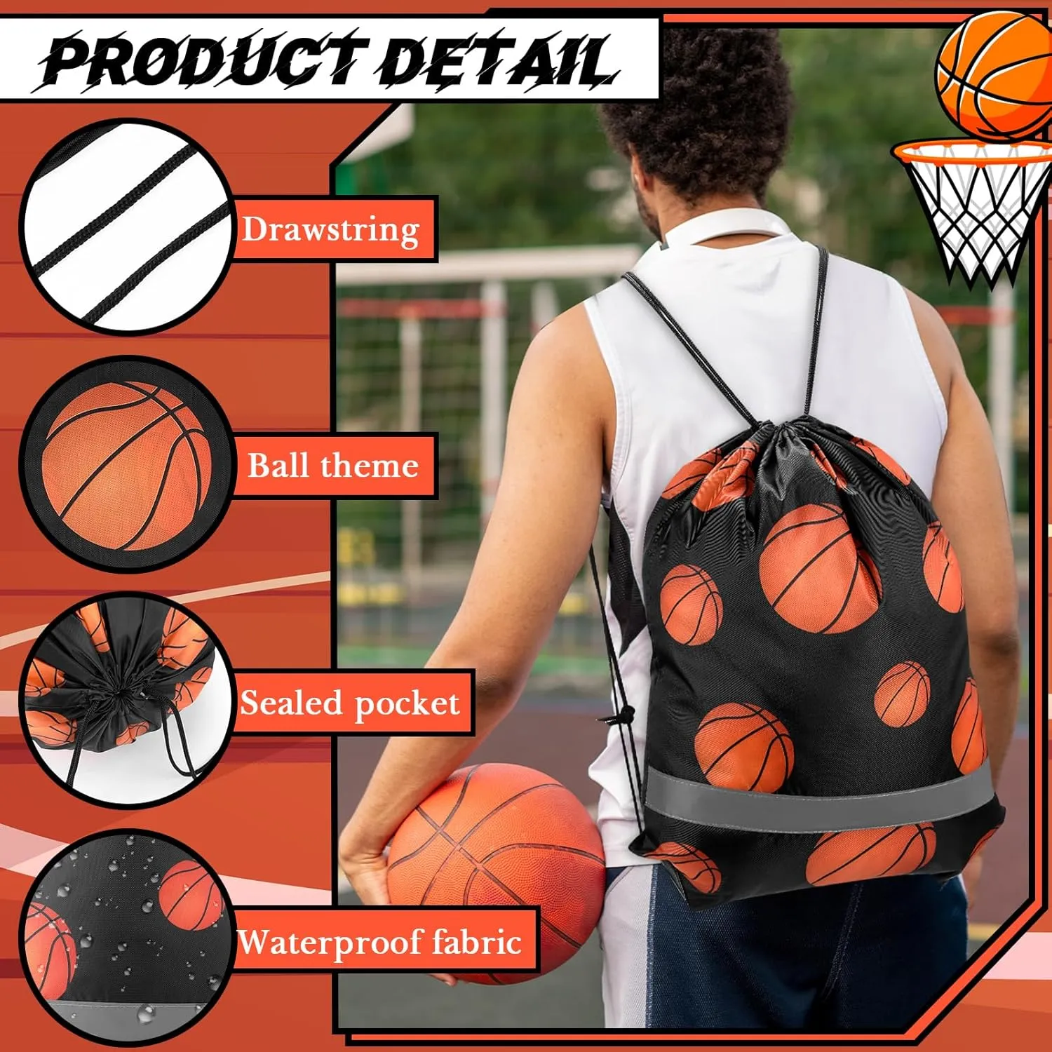 Saintrygo 12 Pcs String Bags Drawstring Back Sack with Reflective Stripe String Bags for Yoga Dance Swimming (Basketball)