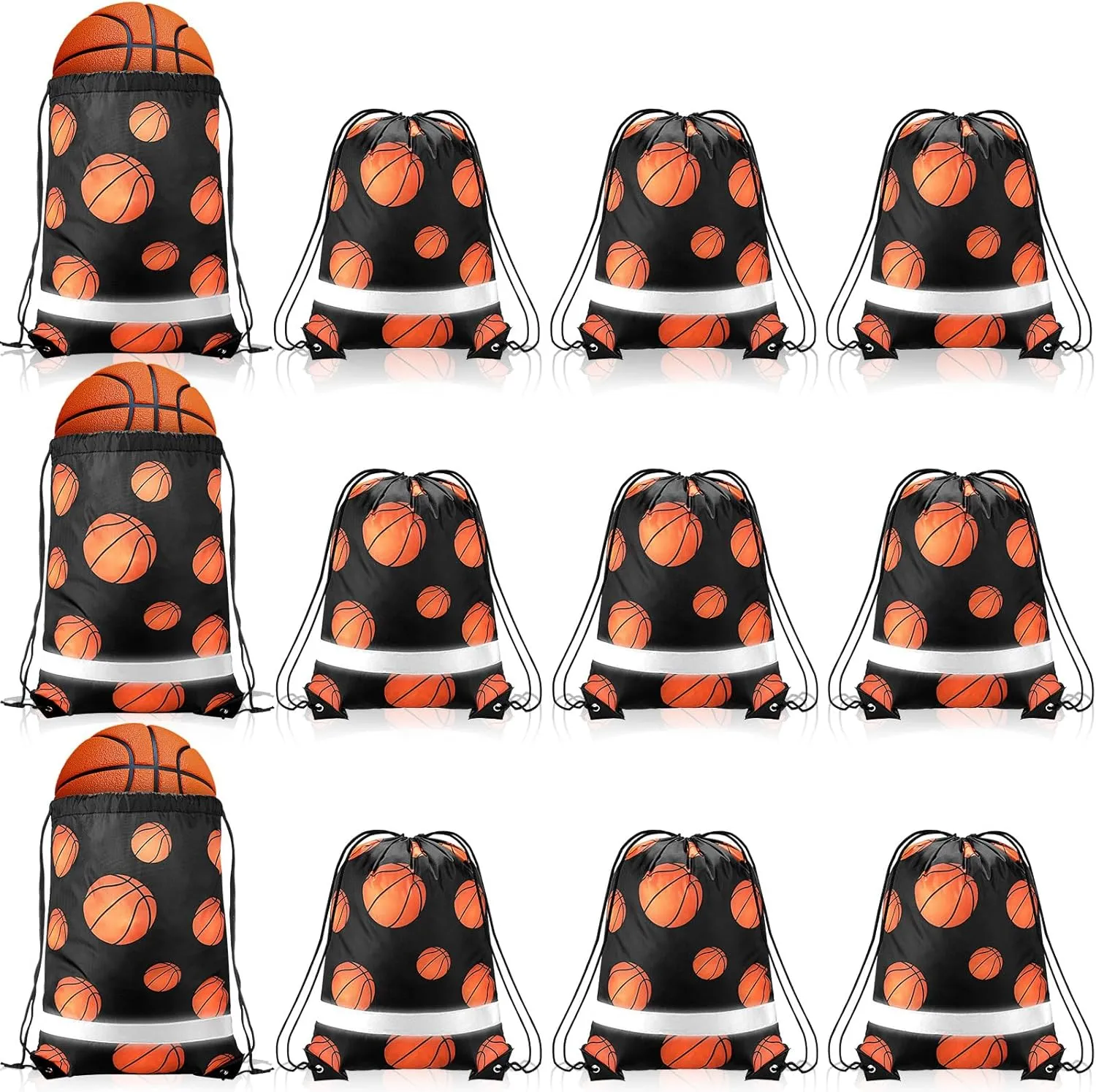 Saintrygo 12 Pcs String Bags Drawstring Back Sack with Reflective Stripe String Bags for Yoga Dance Swimming (Basketball)