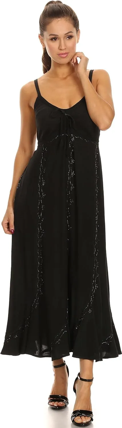 Sakkas Allie Stonewashed Embroidered Adjustable Spaghetti Straps Long Dress