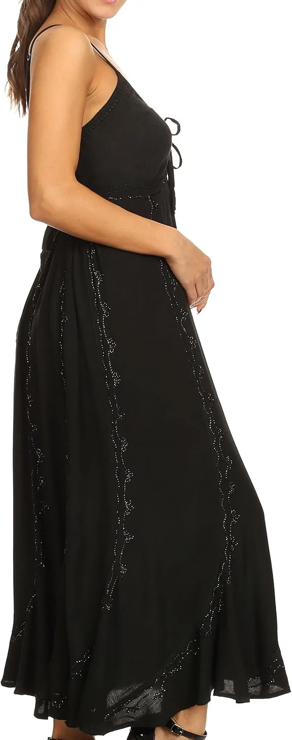 Sakkas Allie Stonewashed Embroidered Adjustable Spaghetti Straps Long Dress