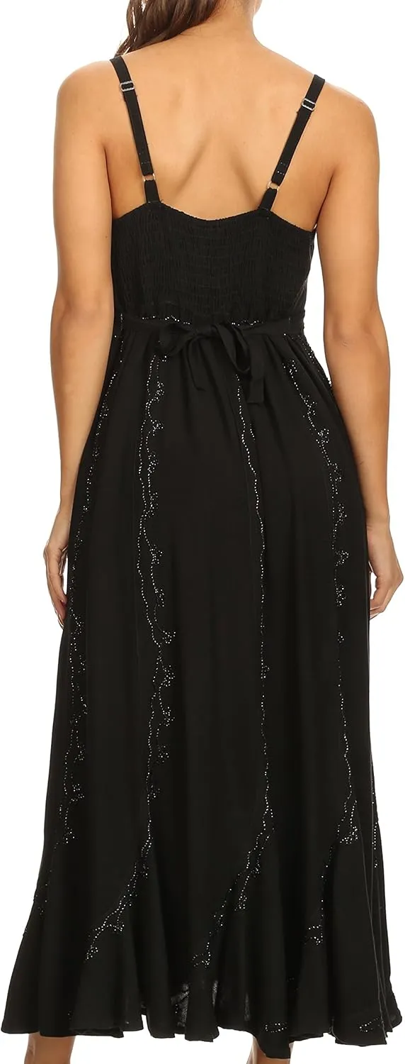 Sakkas Allie Stonewashed Embroidered Adjustable Spaghetti Straps Long Dress