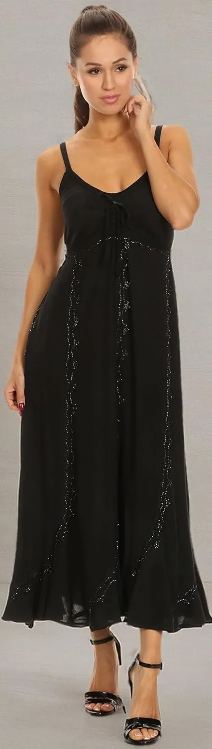 Sakkas Allie Stonewashed Embroidered Adjustable Spaghetti Straps Long Dress