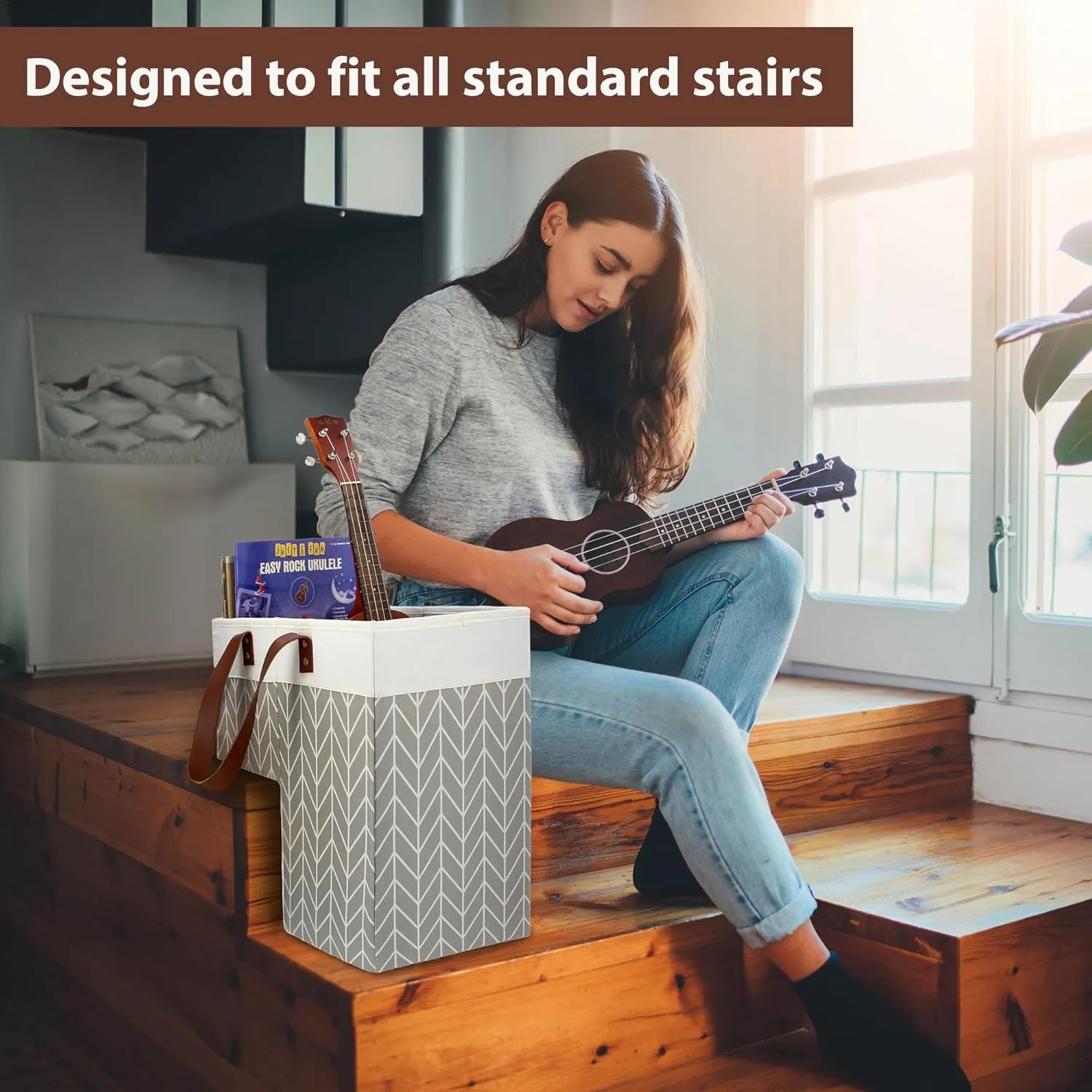 SAM AND MABEL Stair Basket with Chevron Pattern – 16”L x 9.5”W x 16”H Staircase Basket with Handles, Foldable Stairway Storage Organizer for Home Office Decor (Smart Gray-White)