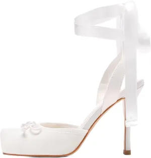 Satin Ballet Heels for Women Closed Square Toe Bow Ballerina Heels Lace Up High Heel Slingback Pumps Strappy Stiletto Mary Janes Elegant Party Shoes