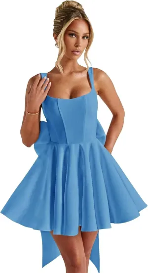 Satin Prom Dresses 2025 with Bow A Line Spaghetti Straps Formal Cocktail Party Dresses
