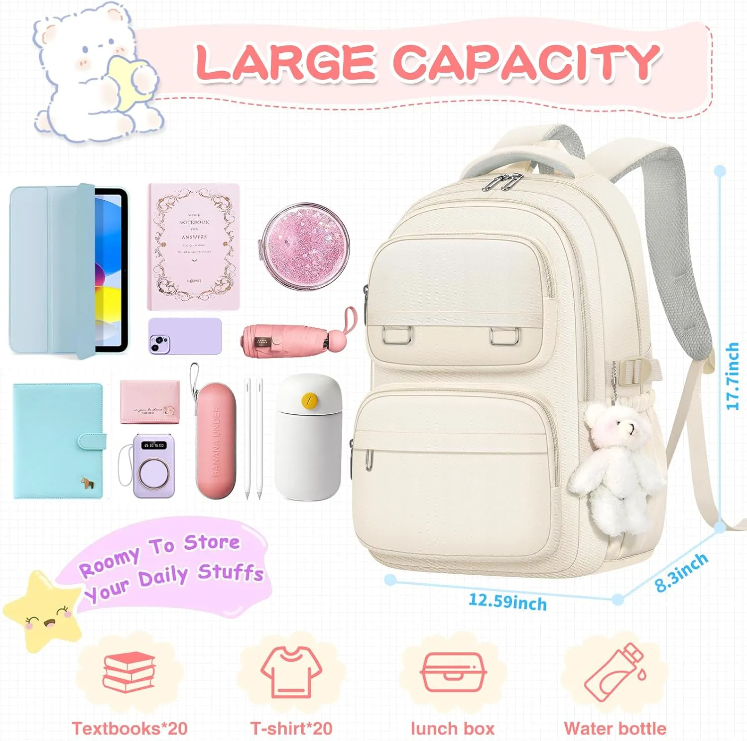 School Backpack for Kids Girls Cute Travel Backapck for College Women Men Casual Laptop Bookbag for Teen Student(Beige)