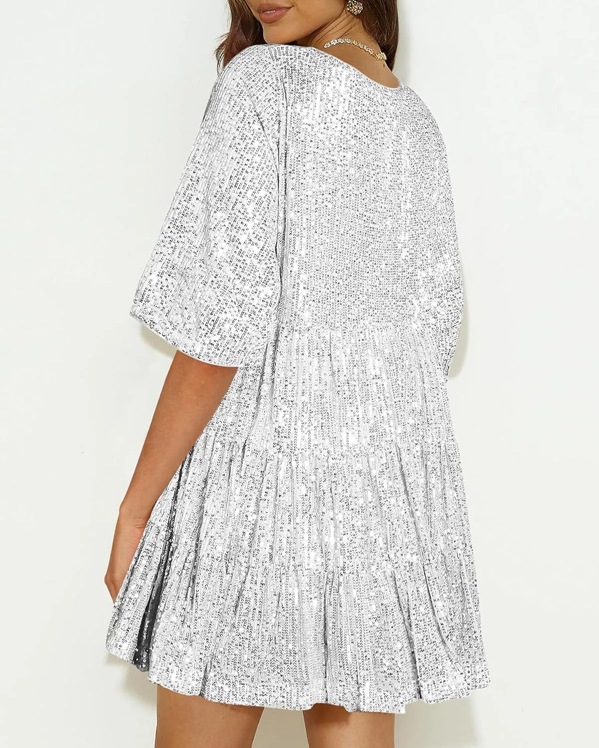 Sequin Babydoll Mini Dress,Sparkly Glitter Dress Short Flowy Tiered Tunic Dress for Women Party Club Night Out
