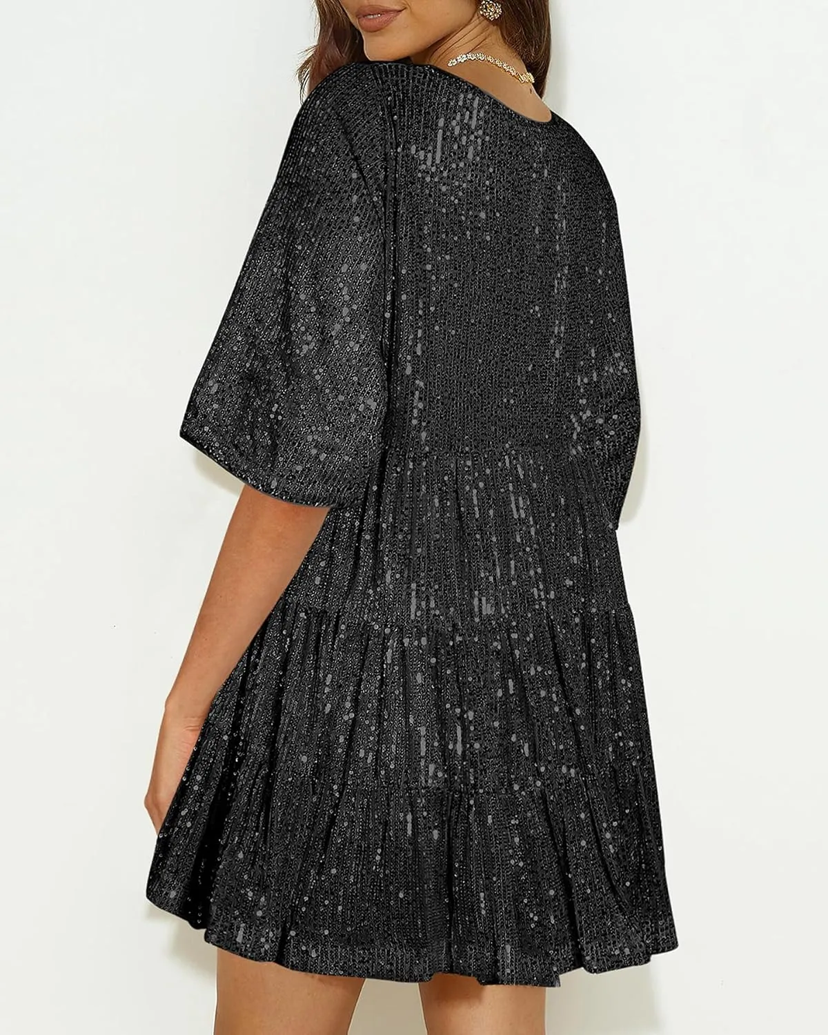 Sequin Babydoll Mini Dress,Sparkly Glitter Dress Short Flowy Tiered Tunic Dress for Women Party Club Night Out