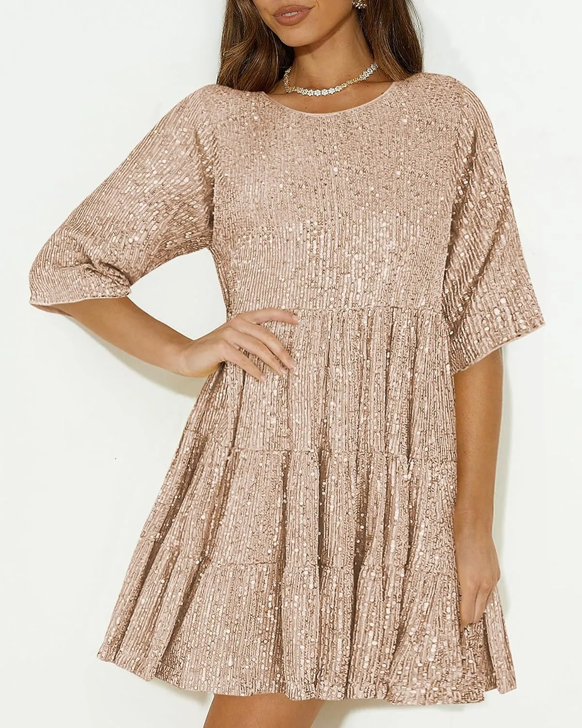 Sequin Babydoll Mini Dress,Sparkly Glitter Dress Short Flowy Tiered Tunic Dress for Women Party Club Night Out