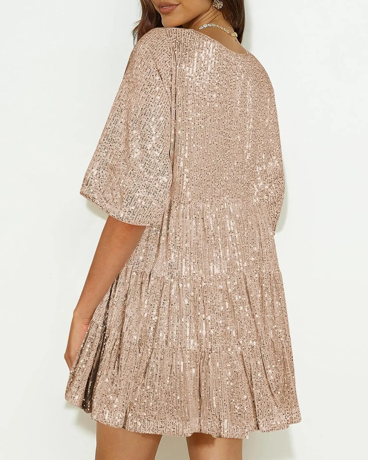 Sequin Babydoll Mini Dress,Sparkly Glitter Dress Short Flowy Tiered Tunic Dress for Women Party Club Night Out