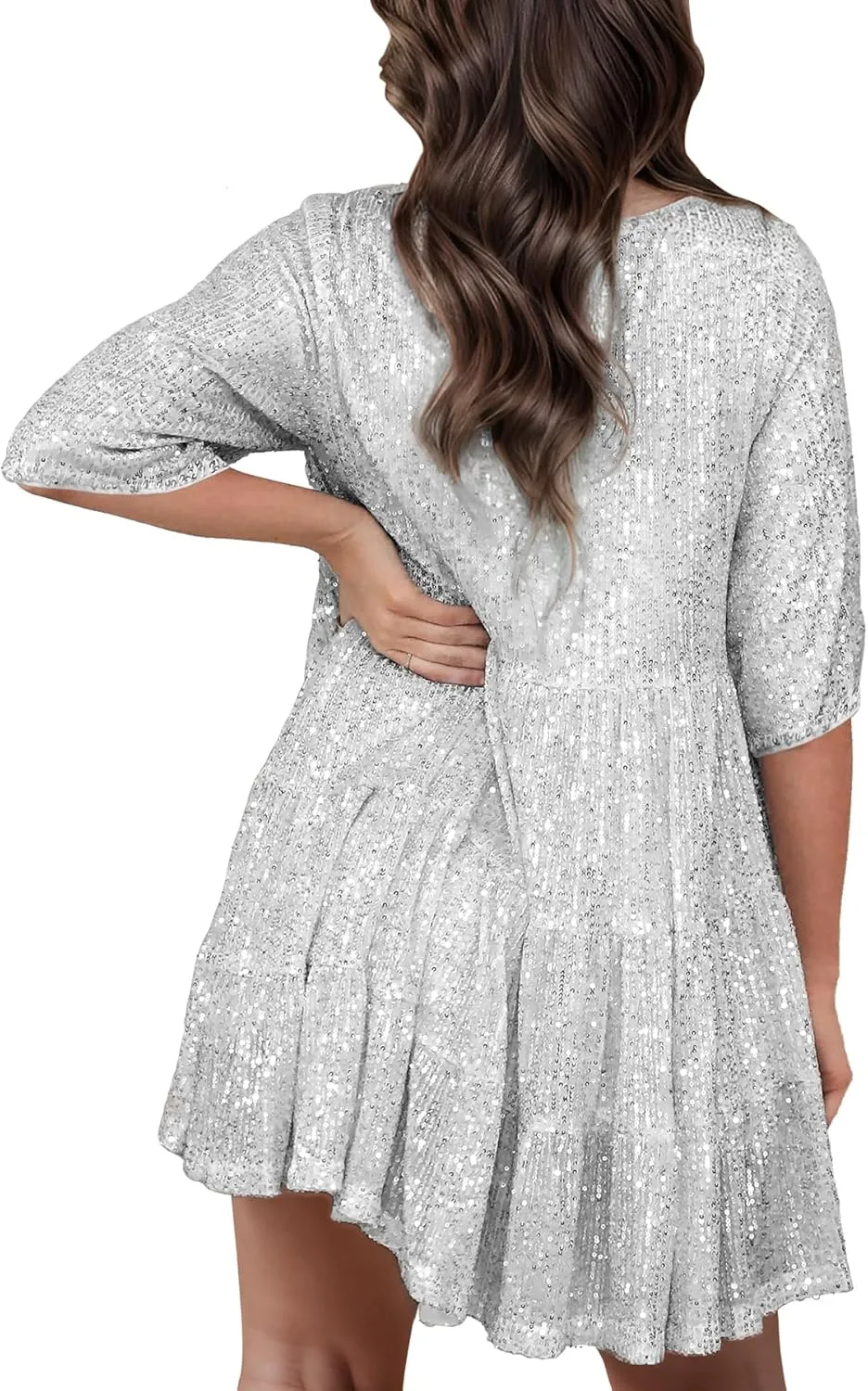 Sequin Babydoll Mini Dress,Sparkly Glitter Dress Short Flowy Tiered Tunic Dress for Women Party Club Night Out