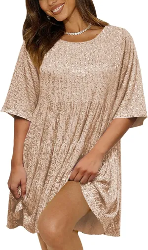 Sequin Babydoll Mini Dress,Sparkly Glitter Dress Short Flowy Tiered Tunic Dress for Women Party Club Night Out