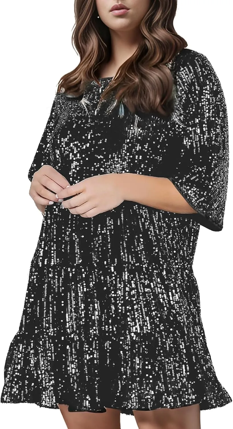 Sequin Babydoll Mini Dress,Sparkly Glitter Dress Short Flowy Tiered Tunic Dress for Women Party Club Night Out