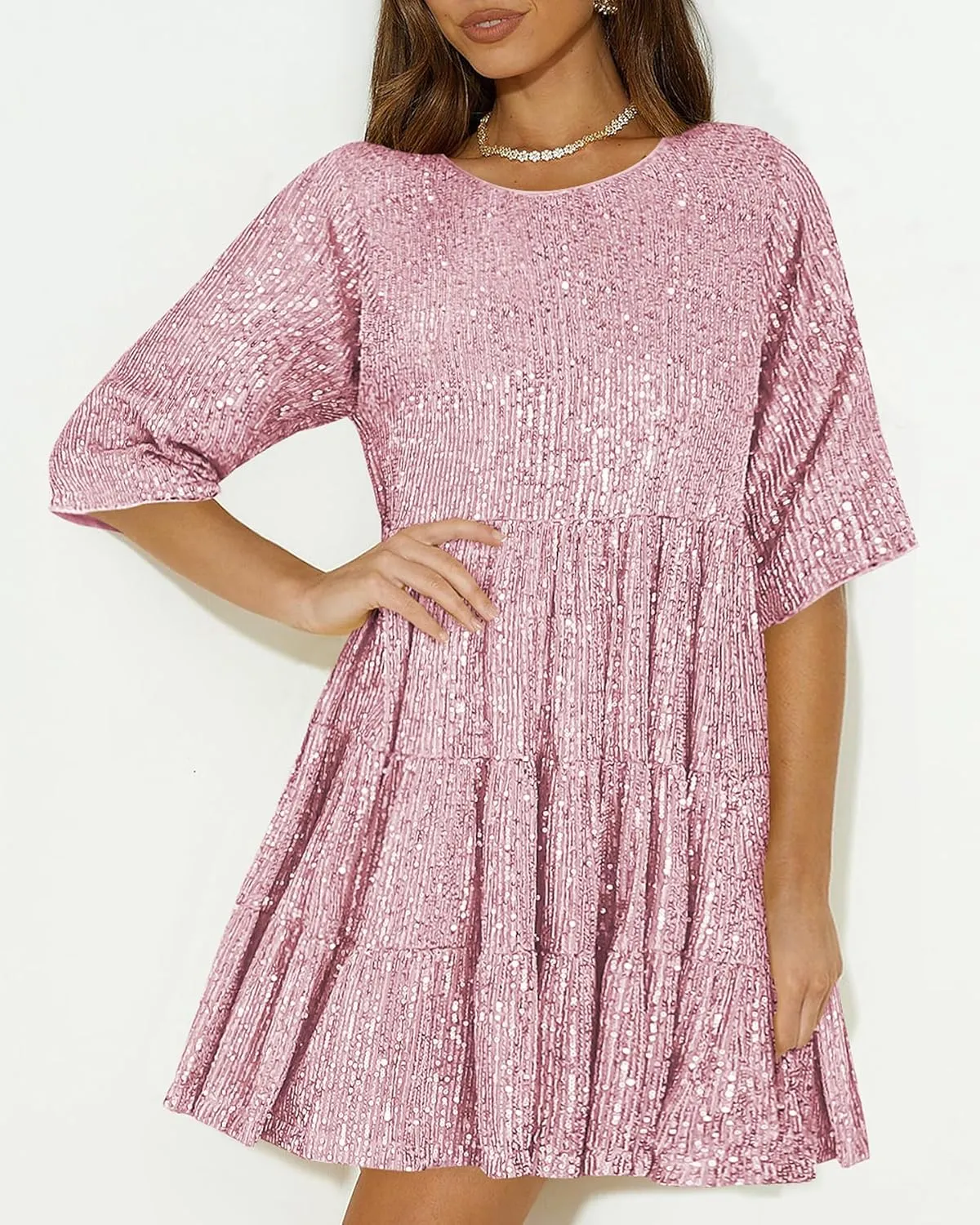 Sequin Babydoll Mini Dress,Sparkly Glitter Dress Short Flowy Tiered Tunic Dress for Women Party Club Night Out