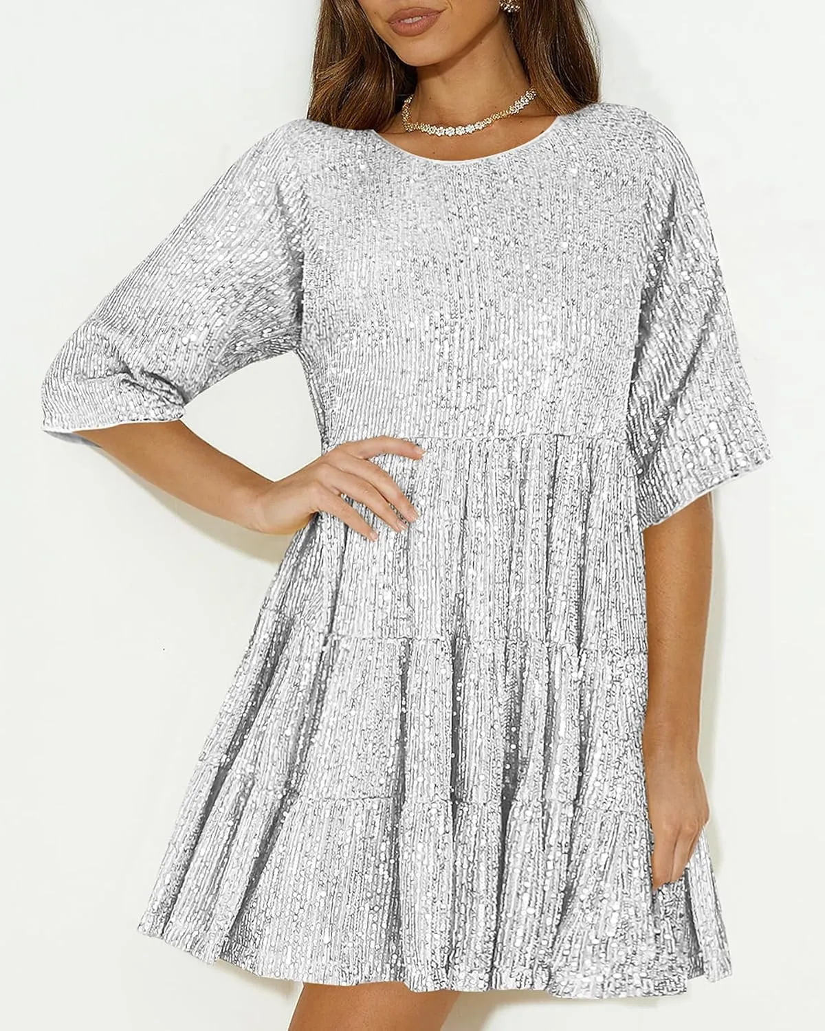 Sequin Babydoll Mini Dress,Sparkly Glitter Dress Short Flowy Tiered Tunic Dress for Women Party Club Night Out