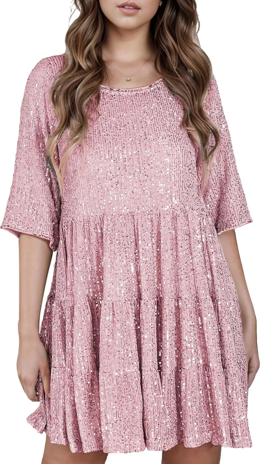 Sequin Babydoll Mini Dress,Sparkly Glitter Dress Short Flowy Tiered Tunic Dress for Women Party Club Night Out
