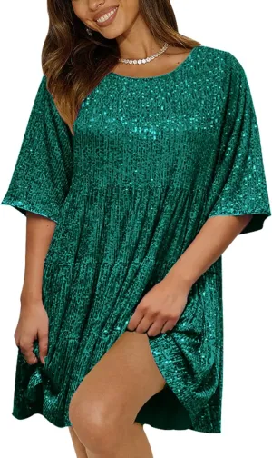 Sequin Babydoll Mini Dress,Sparkly Glitter Dress Short Flowy Tiered Tunic Dress for Women Party Club Night Out