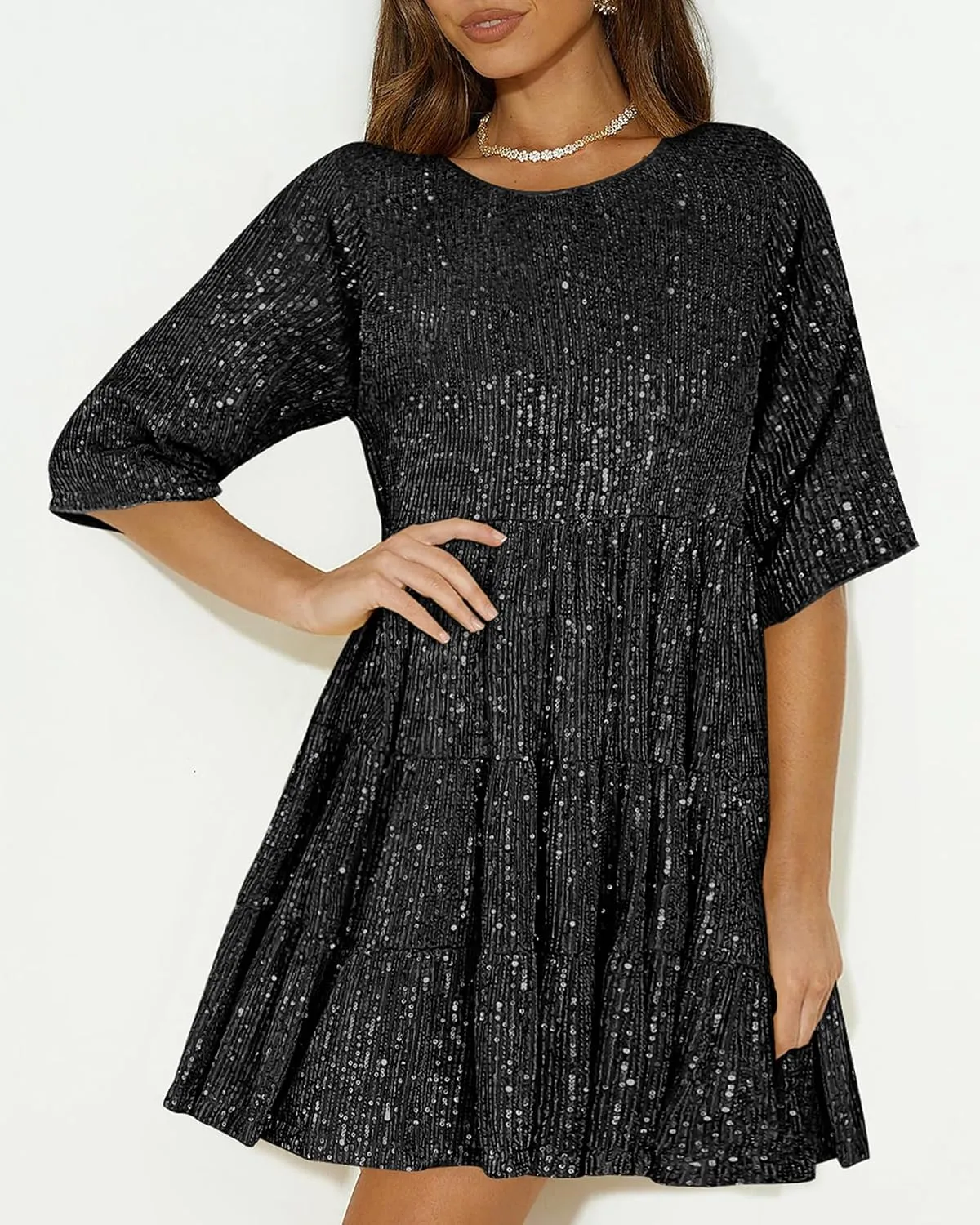 Sequin Babydoll Mini Dress,Sparkly Glitter Dress Short Flowy Tiered Tunic Dress for Women Party Club Night Out