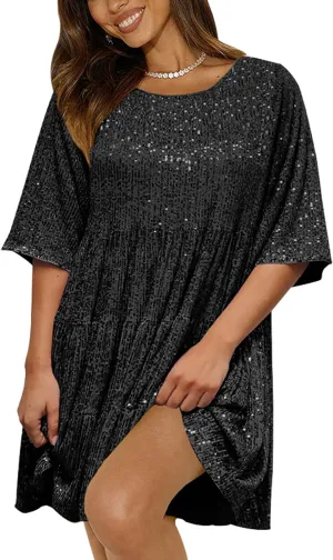 Sequin Babydoll Mini Dress,Sparkly Glitter Dress Short Flowy Tiered Tunic Dress for Women Party Club Night Out