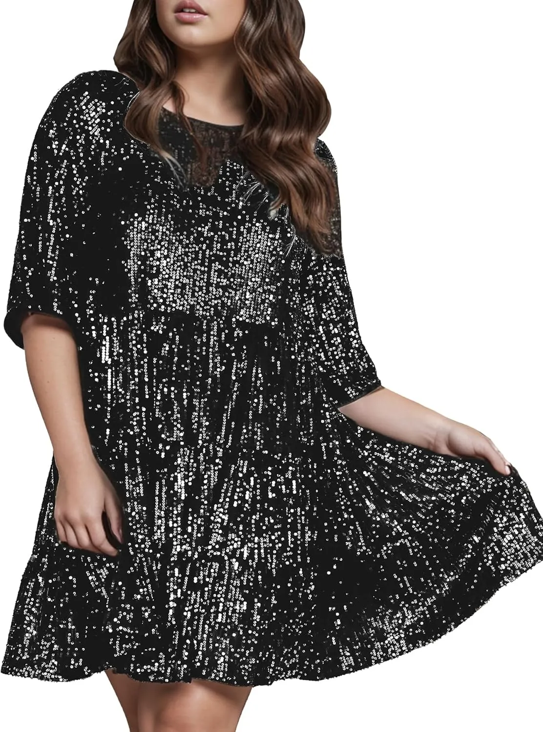 Sequin Babydoll Mini Dress,Sparkly Glitter Dress Short Flowy Tiered Tunic Dress for Women Party Club Night Out