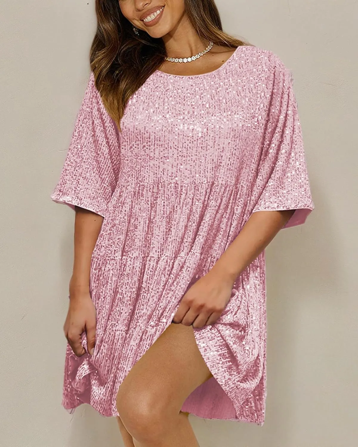 Sequin Babydoll Mini Dress,Sparkly Glitter Dress Short Flowy Tiered Tunic Dress for Women Party Club Night Out