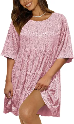 Sequin Babydoll Mini Dress,Sparkly Glitter Dress Short Flowy Tiered Tunic Dress for Women Party Club Night Out