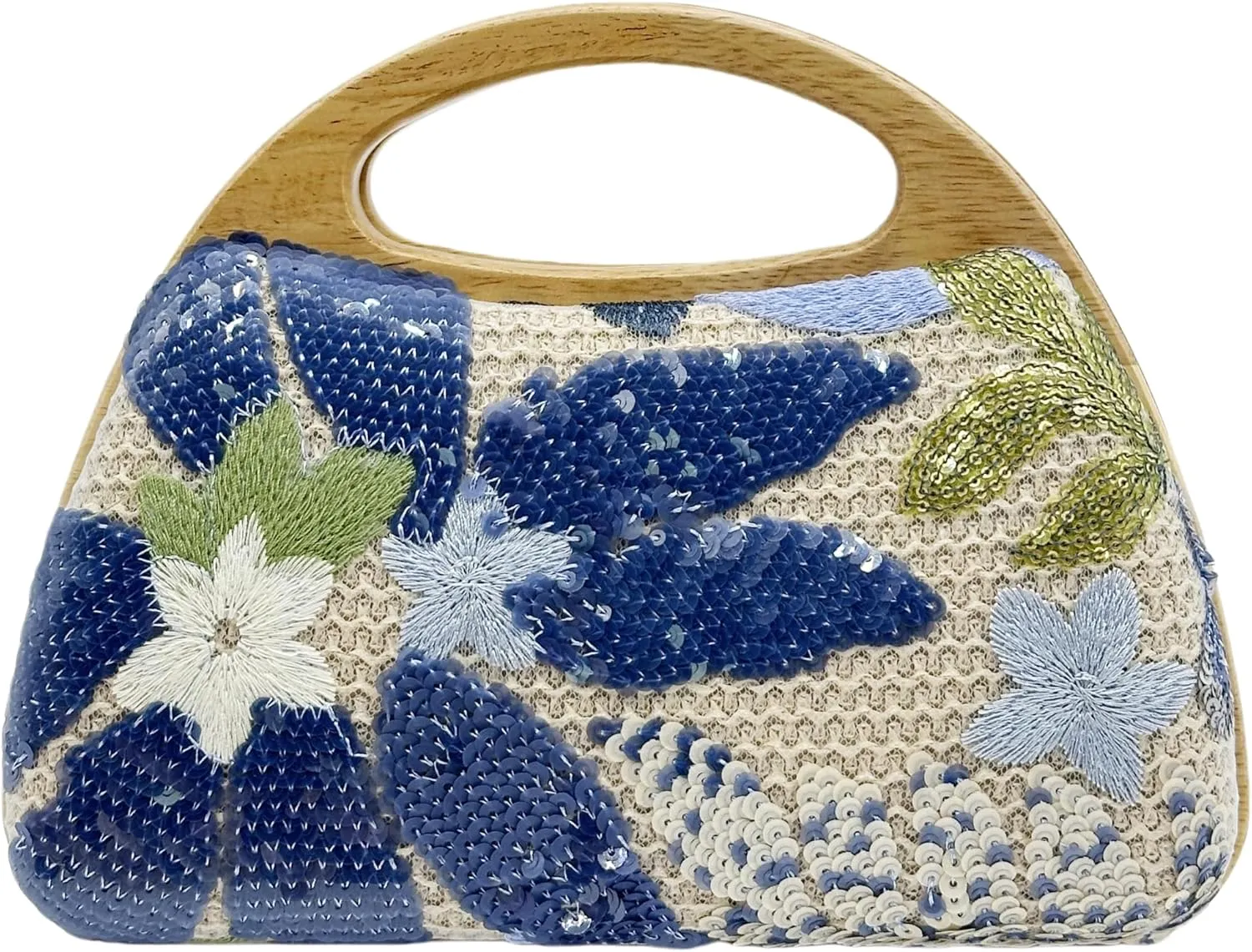 Sequin Clutch Bag for Women, Blue Floral Embroidered Evening Purse with Wooden Base, Top Handle & Removable Chain – Crossbody Handbag for Wedding, Party, Travel