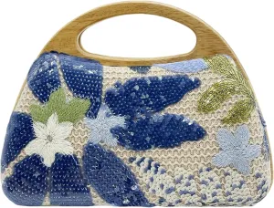 Sequin Clutch Bag for Women, Blue Floral Embroidered Evening Purse with Wooden Base, Top Handle & Removable Chain – Crossbody Handbag for Wedding, Party, Travel
