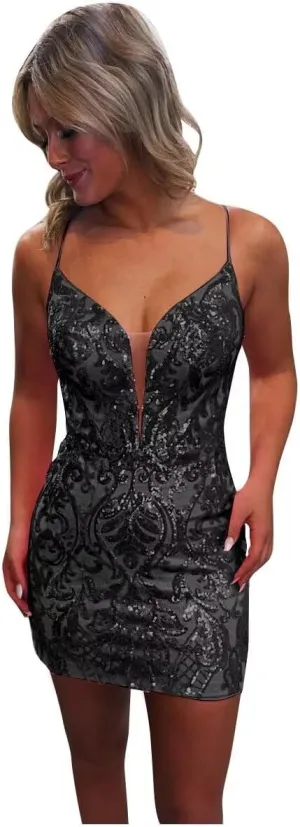 Sequin Lace Tight Homecoming Dresses Sparkly for Teens Spaghetti Straps V Neck Short Prom Dress Mini Cocktail Gown