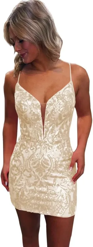 Sequin Lace Tight Homecoming Dresses Sparkly for Teens Spaghetti Straps V Neck Short Prom Dress Mini Cocktail Gown