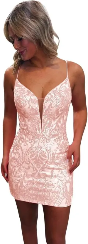 Sequin Lace Tight Homecoming Dresses Sparkly for Teens Spaghetti Straps V Neck Short Prom Dress Mini Cocktail Gown