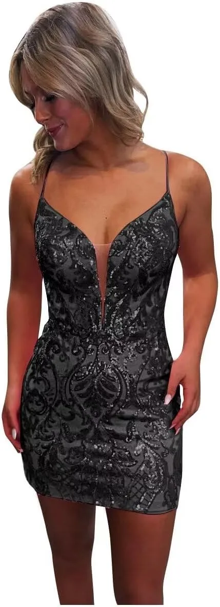 Sequin Lace Tight Homecoming Dresses Sparkly for Teens Spaghetti Straps V Neck Short Prom Dress Mini Cocktail Gown