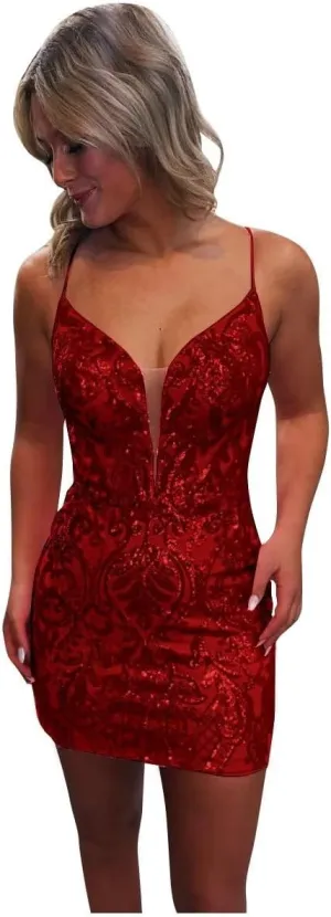 Sequin Lace Tight Homecoming Dresses Sparkly for Teens Spaghetti Straps V Neck Short Prom Dress Mini Cocktail Gown